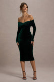 Compliment Bottle Green Velvet Bardot Midi Dress