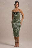 Soprano Olive Floral Print Satin Sweetheart Lace Trim Midi Dress