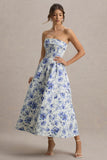 Annalise Blue Floral Print Bandeau Skater Midi Dress