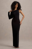 Floria Black Draped One-Sleeve Maxi Dress