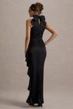 Maureen Black Satin High-Neck Draped Maxi Dress