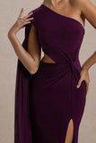 Brona Plum One-Shoulder Cape-Sleeve Split Maxi Dress
