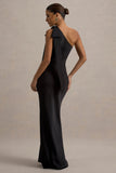 Here For Love Black Satin Asymmetric Maxi Dress With Bow