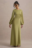 Crawley Light Green Satin Puff-Sleeve Maxi Dress