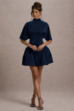 Alva Navy High-Neck Short-Sleeve Mini Dress With Volume Skirt