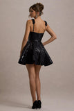 Carena Black Sequin Lace Floral Skater Mini Dress