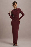 Hespera Port High-Neck Long-Sleeve Gathered Maxi Dress