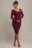 New Life Burgundy Maternity Square Neck Ruched Midi Dress
