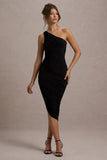 Dorit Black One Shoulder Asymmetric Ruched Midi Dress