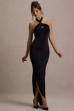Jaiya Black Ruched Halter-Neck Asymmetric Maxi Dress