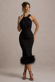 Titania Black Twist-Neck Feather Hem Midi Dress