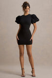 Delaney Black Puff-Sleeve Mini Dress With White Bow