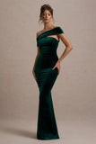 Candela Bottle Green Velvet Asymmetric Bardot Maxi Dress