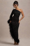 Shadow Black Sequin One-Shoulder Feather Trim Maxi Dress