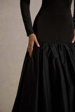 Perpetua Black Drop-Waist Midi Dress With Volume Skirt