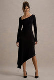 Serenita Black Asymmetric Long-Sleeve Midi Dress