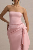 Loz Light Pink Satin Bandeau Draped Maxi Dress
