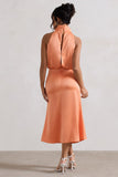 Geena Peach Satin Twisted High-Neck Midi Dress