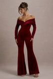 Borealis Berry Velvet Long-Sleeved Bardot Jumpsuit
