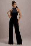 Alondra Black Velvet High-Neck Straight-Leg Jumpsuit