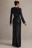 My Dream Black Sequin Square-Neck Long-Sleeve Maxi Dress