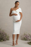 Admired White Ruched One-Shoulder Maternity Midi Dress