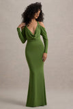 Hurghada Green Plunge-Neck Long-Sleeve Maxi Dress