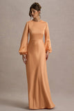 Crawley Peach Satin Puff-Sleeve Maxi Dress