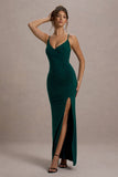 Jeanne Bottle Green Plunge Ruched Cami Maxi Dress With Split
