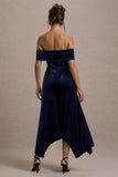 Halia Navy Velvet Bardot Midi Dress
