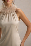 Bianca Champagne Satin Feather-Trim Maxi Dress