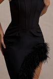 High Status Black Strappy Corset Asymmetric Maxi Dress With Feather Trim