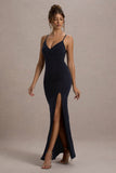 Jeanne Navy Plunge Ruched Cami Maxi Dress With Split