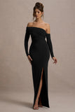 Stand Out Black Bardot Long Sleeve Ruched Maxi With Side Split