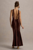 Amelita Brown Satin Cowl-Neck Maxi Dress