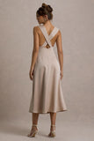 Beck Champagne Satin Plunge-Neck Cross-Back Midi Dress