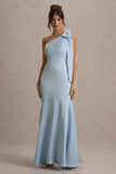 Here For Love Powder Blue Satin Asymmetric Maxi Dress With Bow