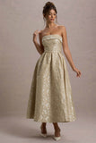 Zuma Gold Metallic Jacquard Strapless Midi Dress