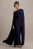 Florentina Navy One-Shoulder Cape Maxi Dress