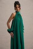 Baila Bottle Green Satin High-Neck Cape-Sleeve Maxi Dress