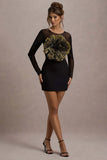 Ruchi Black Sheer Mini Dress With Corsage Detail