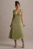 Beck Light Green Satin Plunge-Neck Cross-Back Midi Dress