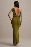 Beline Green One-Shoulder Cut-Out Maxi Dress With Drape