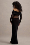 Belamour Black Semi-Sheer Bardot Gathered Maxi Dress