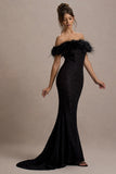 Idyll Black Lace Bardot Feather Fishtail Maxi Dress