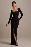 My Pleasure Black Square Neck Ruched Maxi Dress