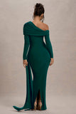 Valina Green Ruched Asymmetric Maxi Dress With Drape