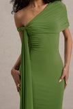 Vallea Green One-Shoulder Draped Midi Dress