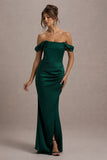 Kimberly Bottle Green Bardot Satin Maxi Dress