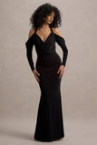 Hurghada Black Plunge-Neck Long-Sleeve Maxi Dress